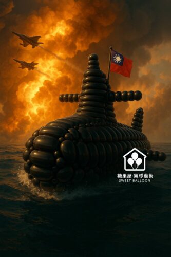 「黑色潛艦造型氣球作品，搭配軍事氛圍背景，展現國防精神」